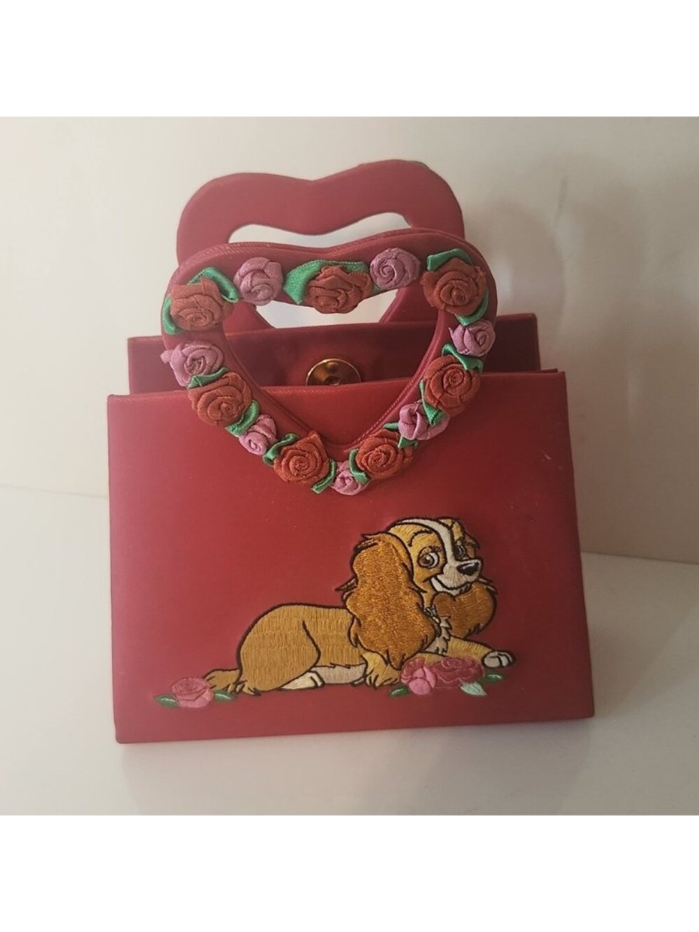 Disney Store Lady and the Tramp Red Satin Heart Handle Rose Handbag Vintage